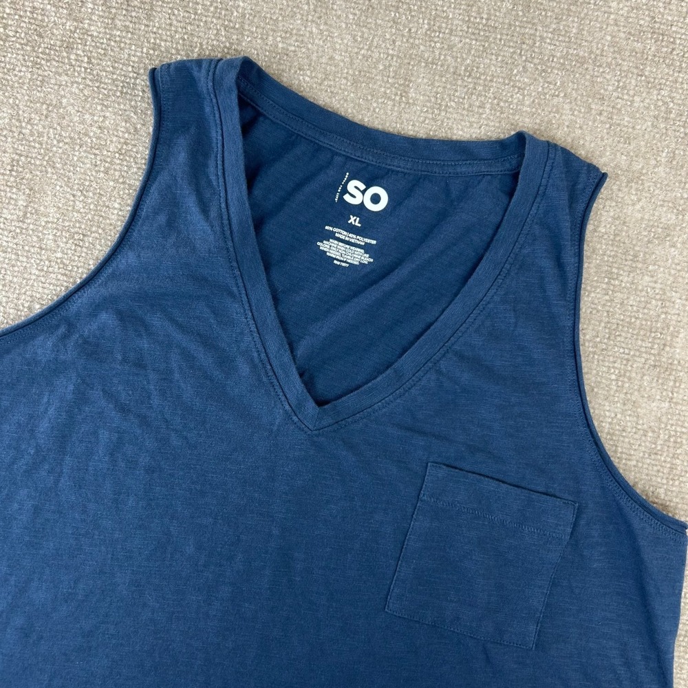 So Good For Life Tank Top Womens XL Blue Cotton‎ Patch Pocket Curved Hem V Neck